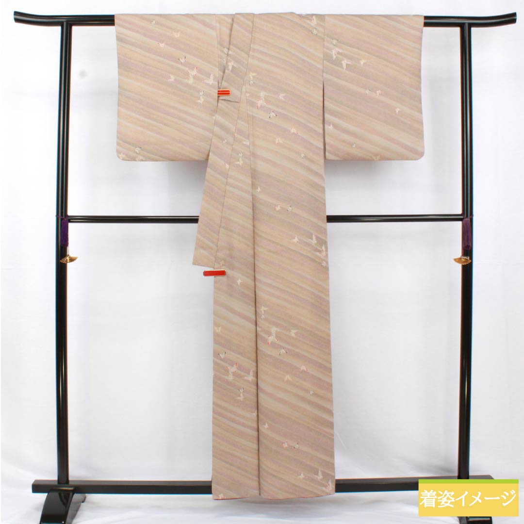 小紋 ポリエステル 身丈157cm 裄丈64.5cm 袷 ボカシ染 洗える着物 蝶 Aランク グラデーション系 1115005033399