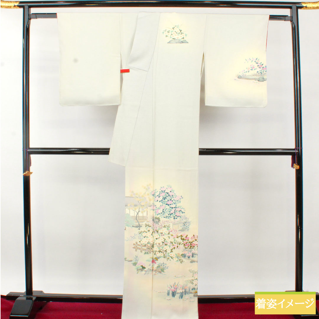 訪問着 正絹 袷 身丈168.5cm 裄丈68cm 銀白色（ぎんはくしょく） 加賀友禅 茶屋辻模様 作家物 Aランク グレー系 1112004743522