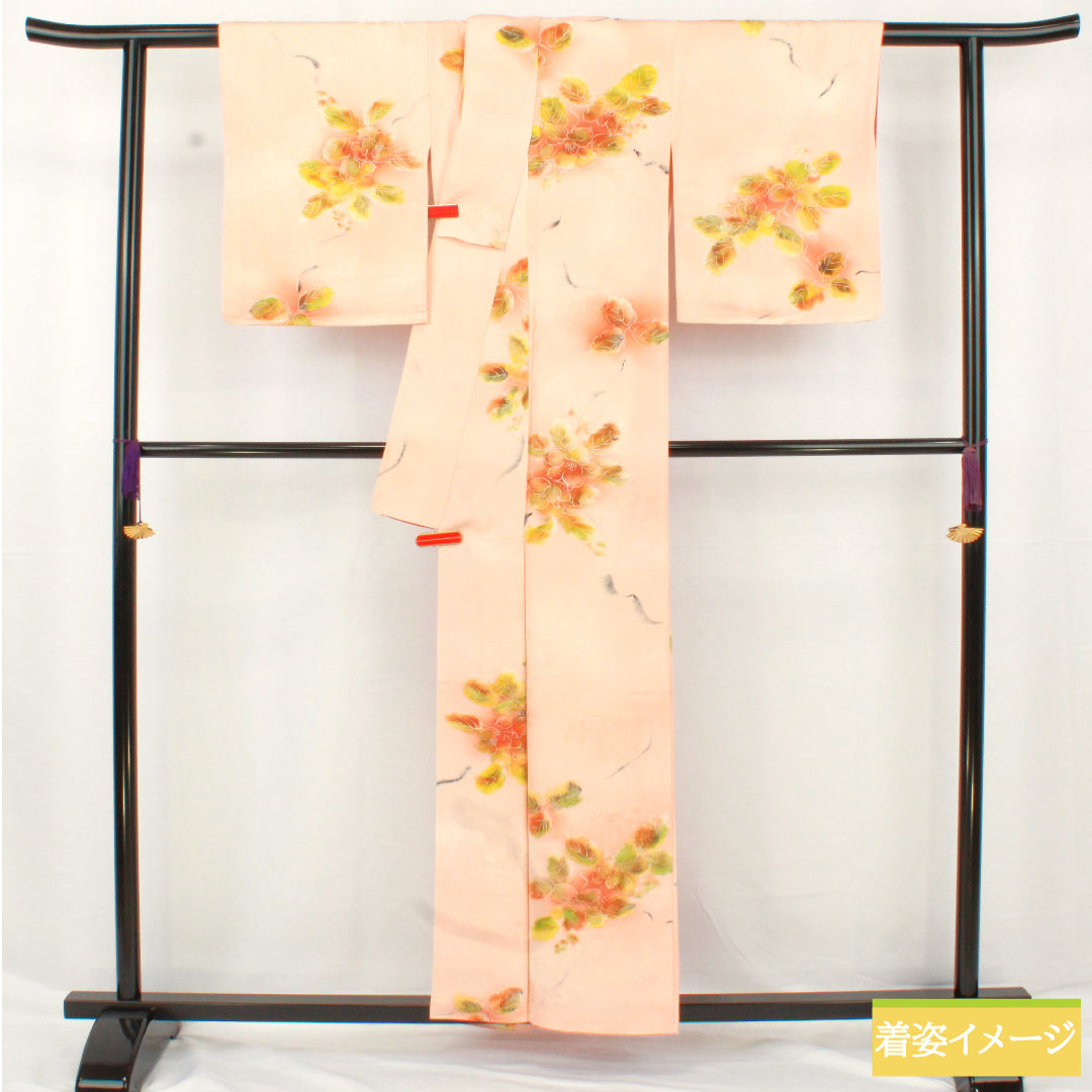 小紋 正絹 身丈157.5cm 裄丈62.5cm 袷 濡れ描き友禅 抽象花 しつけ糸付き Aランク ピンク系 1115004873313