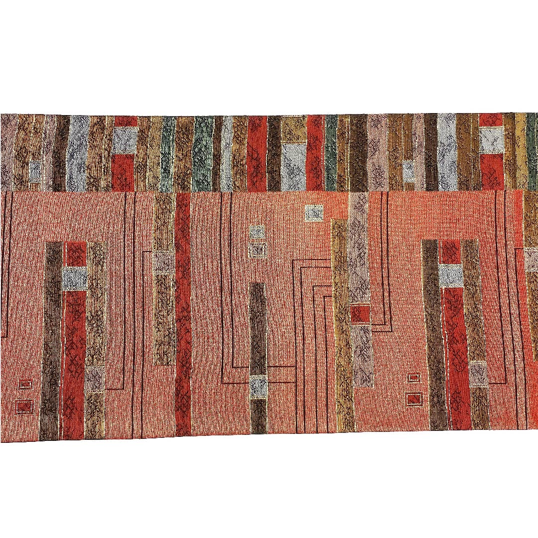 袋帯 牛血紅色（ぎゅうけつこういろ） 横段 幾何学模様 帯丈442cm 正絹 Sランク 六通 セミフォーマル 朱系 1123002752316