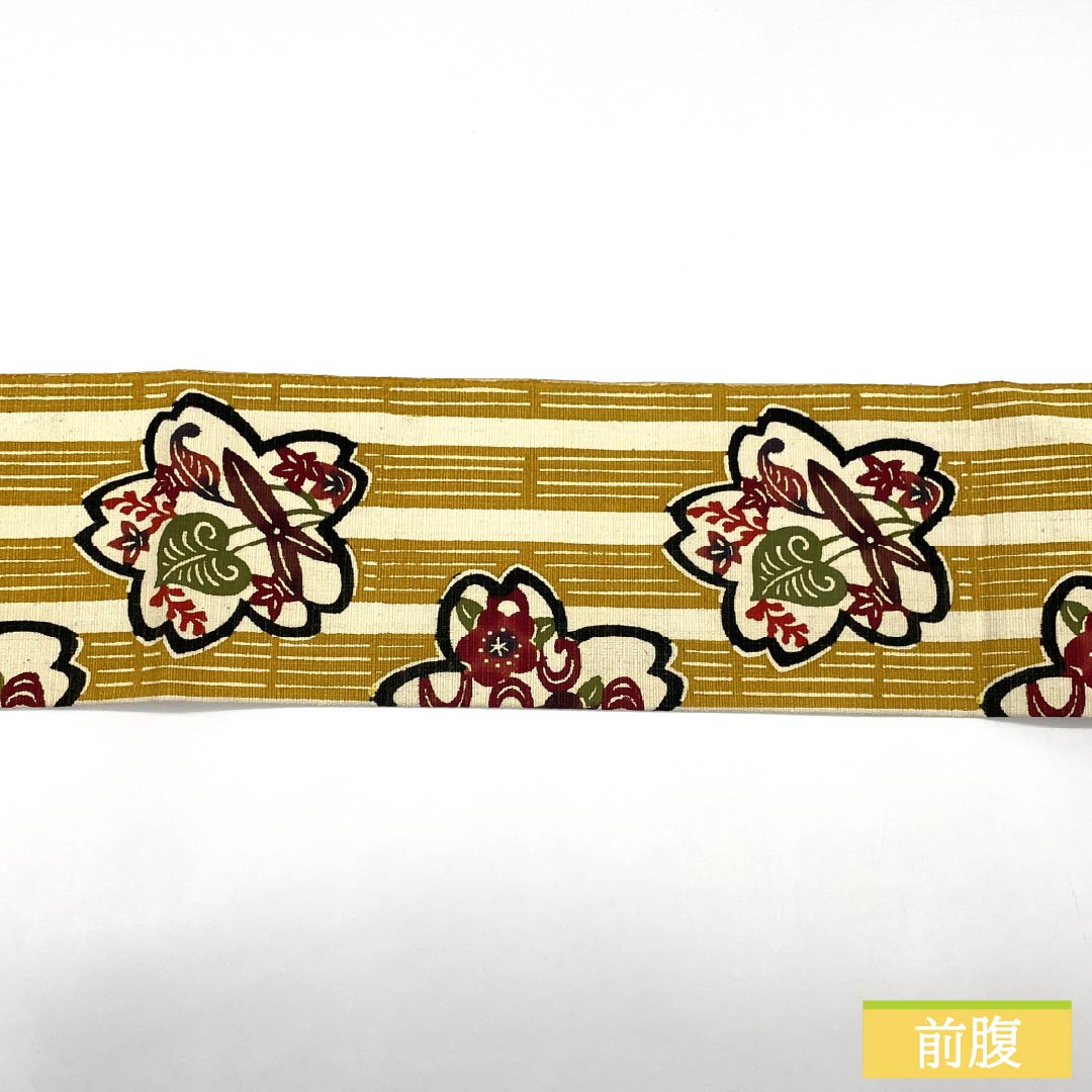Nagoya Obi, Pure Silk, Grade A, Dark Egg-Colored, Stencil-Dyed, Tsumugi Fabric, Cherry Blossom Design, Length 365cm, Six-Ply, Casual, Yellow, Product Number 1124009303323, Nagoya Style
