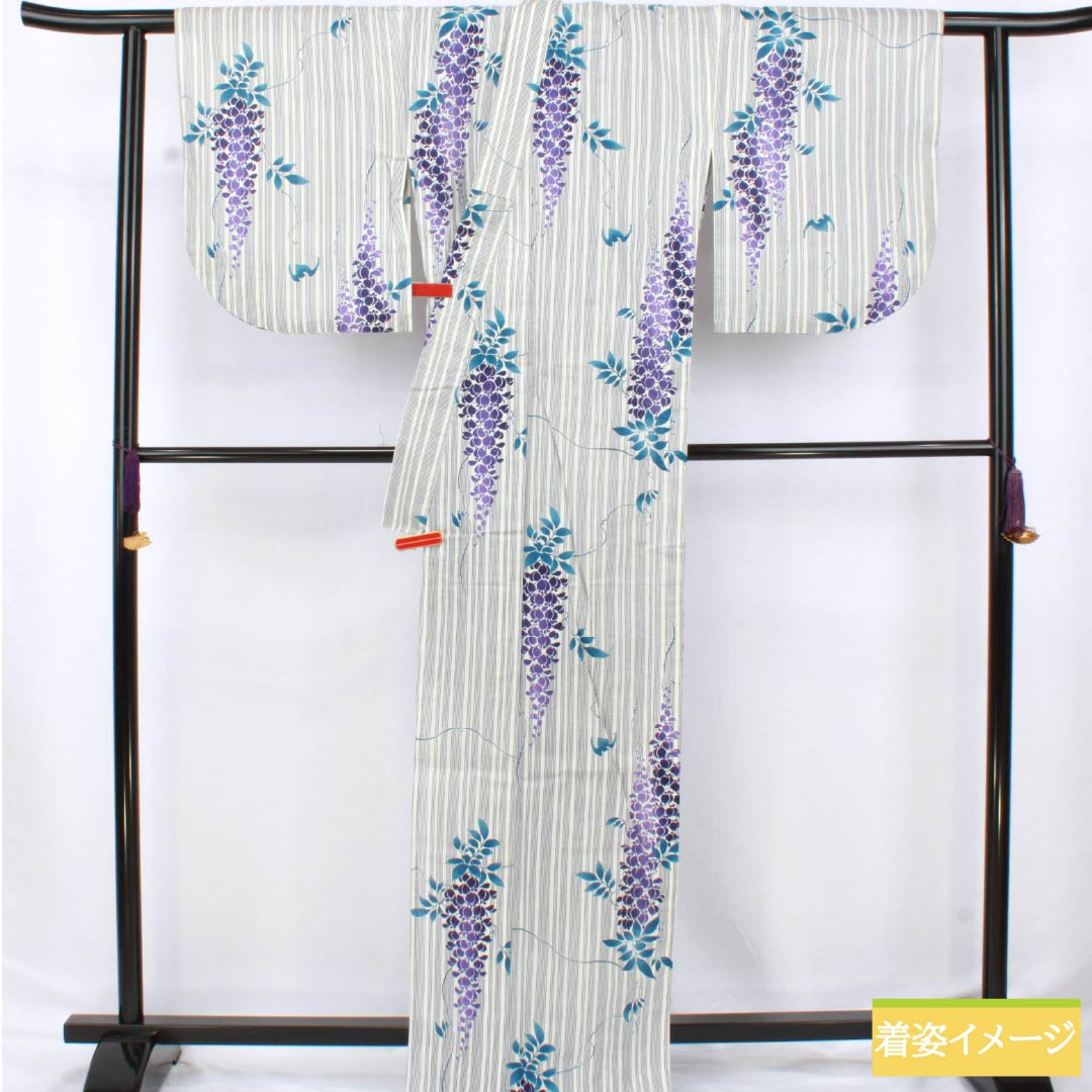 Cotton Yukata, Length 166cm, Sleeve Length 66.5cm, S Rank, Single Layer, White with Wisteria Stripes, 1118006692511