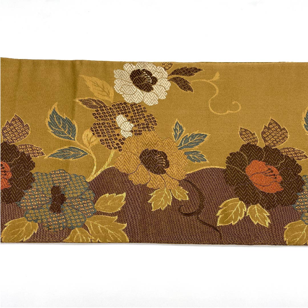 名古屋帯 京袋帯 煙草色 草花模様 帯丈362cm ポリ Sランク 六通 セミフォーマル 茶系 1124003292314  開き仕立て