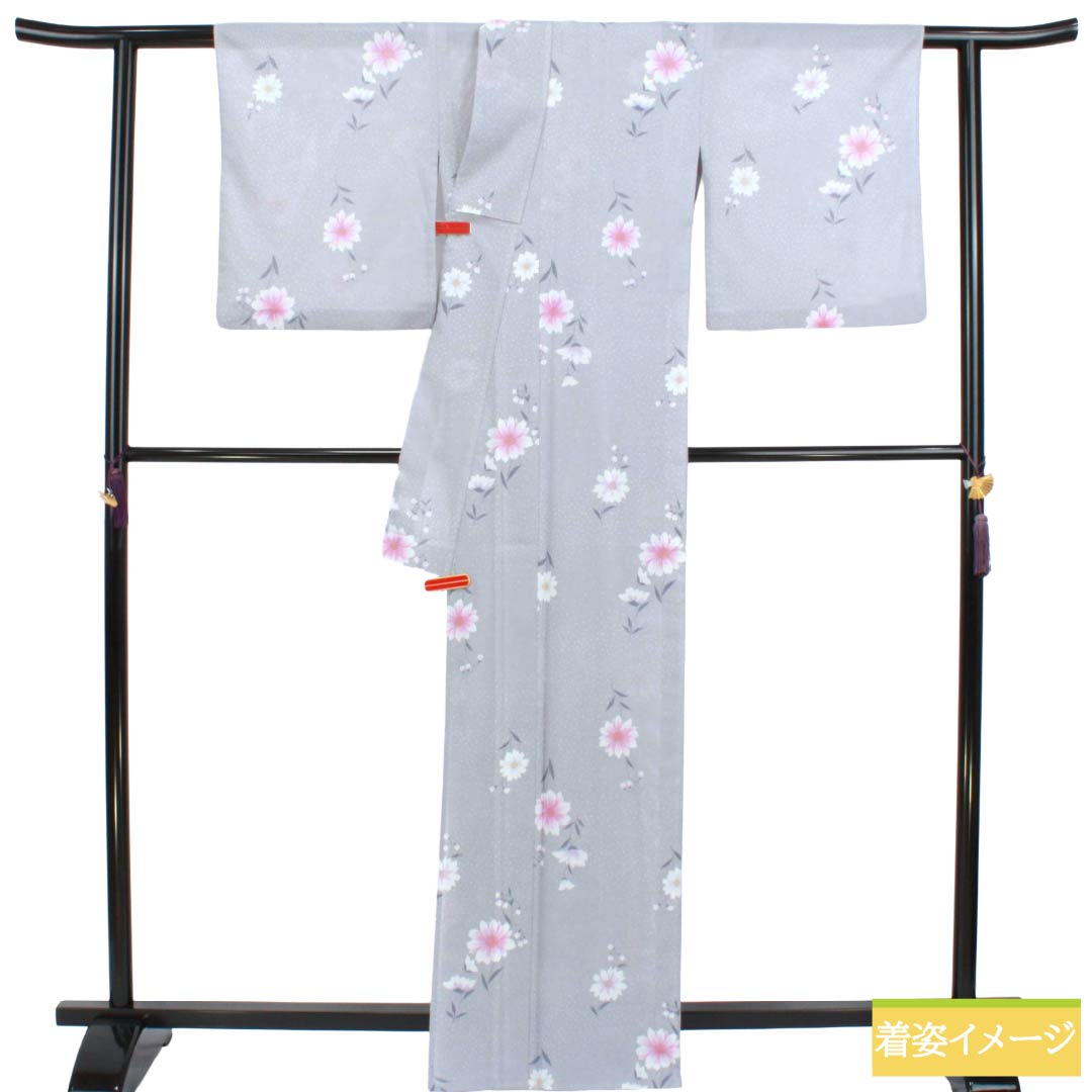 夏物 ポリエステル 小紋 Sランク 身丈164.5cm 裄丈66cm 水銀色（すいぎんいろ） 花柄 洗える着物 絽 グレー系 1132003592422