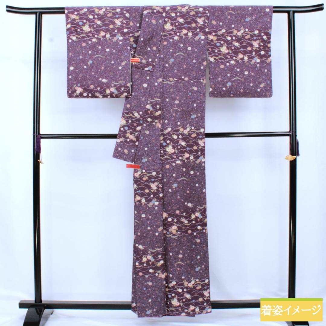 小紋 ポリエステル Aランク 身丈158cm 裄丈64.5cm 袷 深紫色（ふかきむらさきいろ） 小花 露芝 洗える着物 紫系 1115006973320