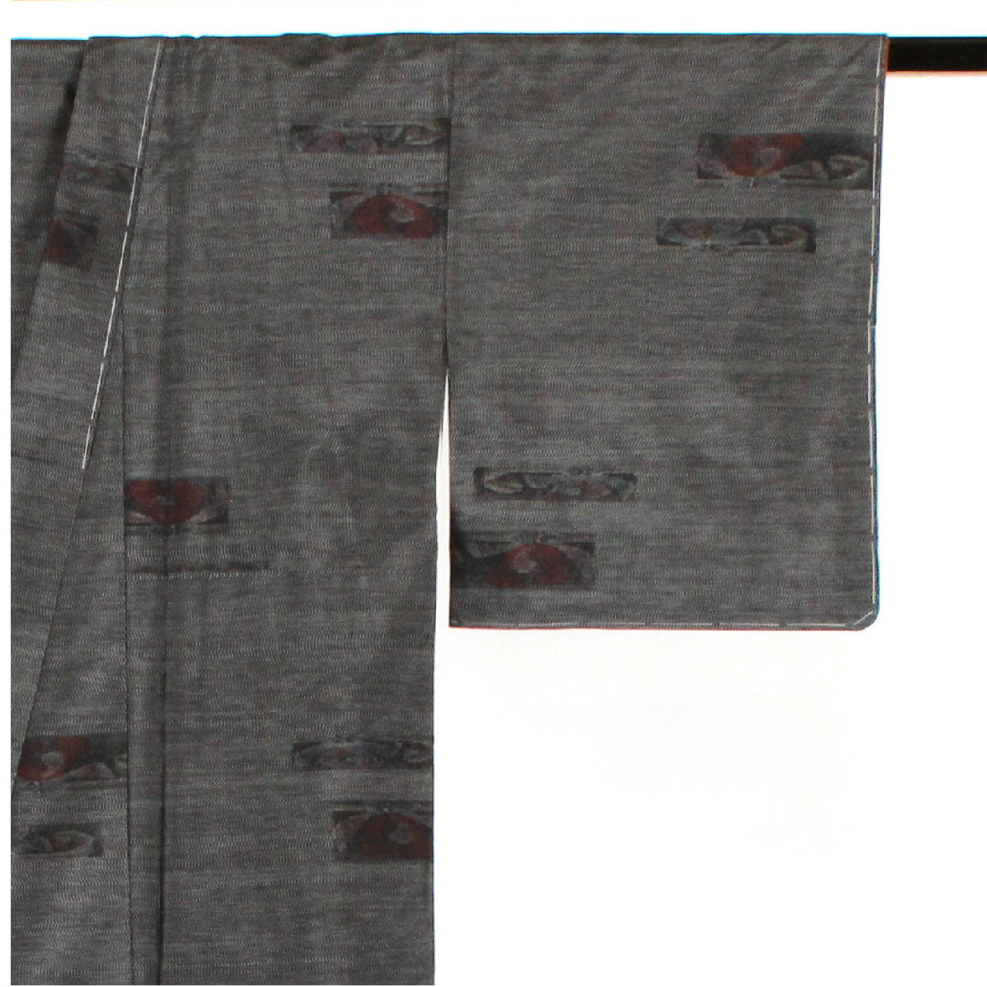 大島紬 身丈154.5cm 裄丈62cm 緯総絣 草花模様 正絹 Aランク 袷 黒系 1116001523210