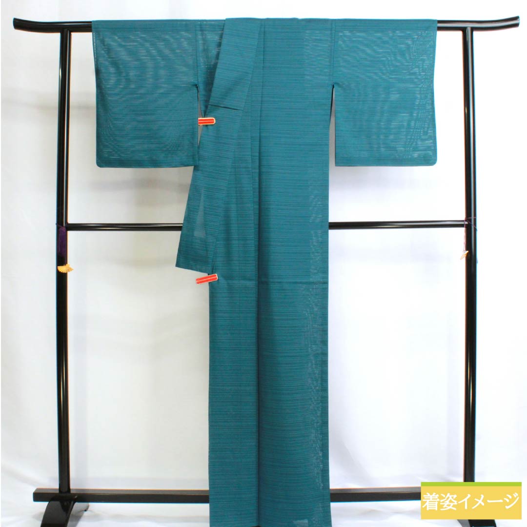 夏物 ポリエステル 色無地 Sランク 身丈164.5cm 裄丈67cm 陰浅葱色（かげあさぎいろ） 洗える着物 絽 青系 1132003012417