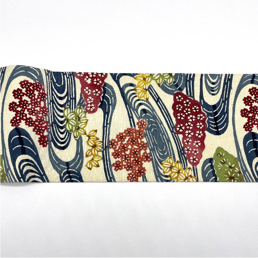 名古屋帯 生成り色 京紅型 観世流水 花模様 帯丈338cm 正絹 Bランク 六通 カジュアル 白系 1124003734311  名古屋仕立て