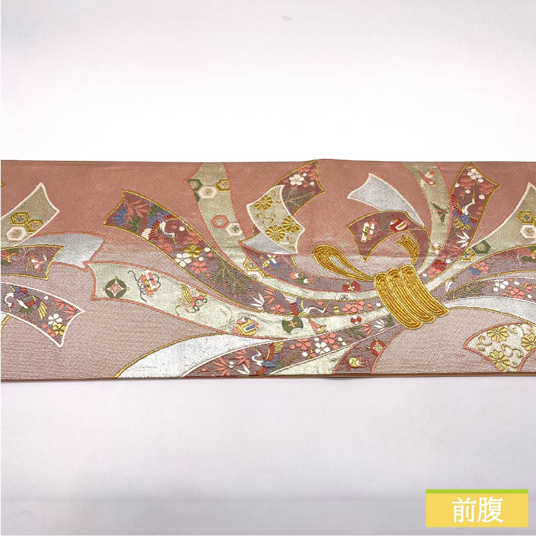 Fukuro Obi, pure silk, Shinonome color, Saga Nishiki, bundled noshi, treasure design, flower arabesque, obi length 472cm, S rank, six-way, formal, pink, 1123013482413