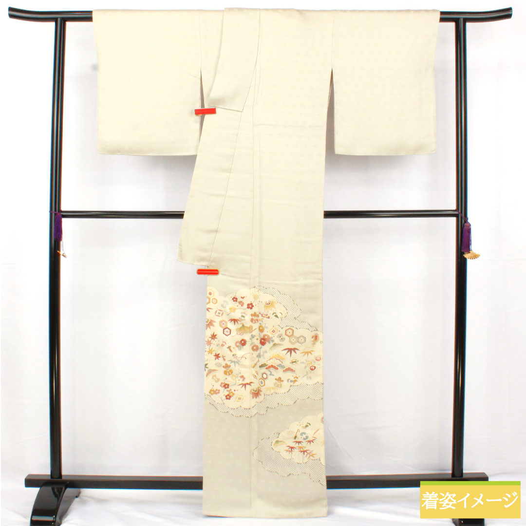 色留袖 正絹 身丈165.5cm 裄丈68cm 袷 卯の花色（うのはないろ） 京友禅 宝尽くし 松竹梅 橘 三つ紋 剣花菱 Aランク グレー系 1111001593522