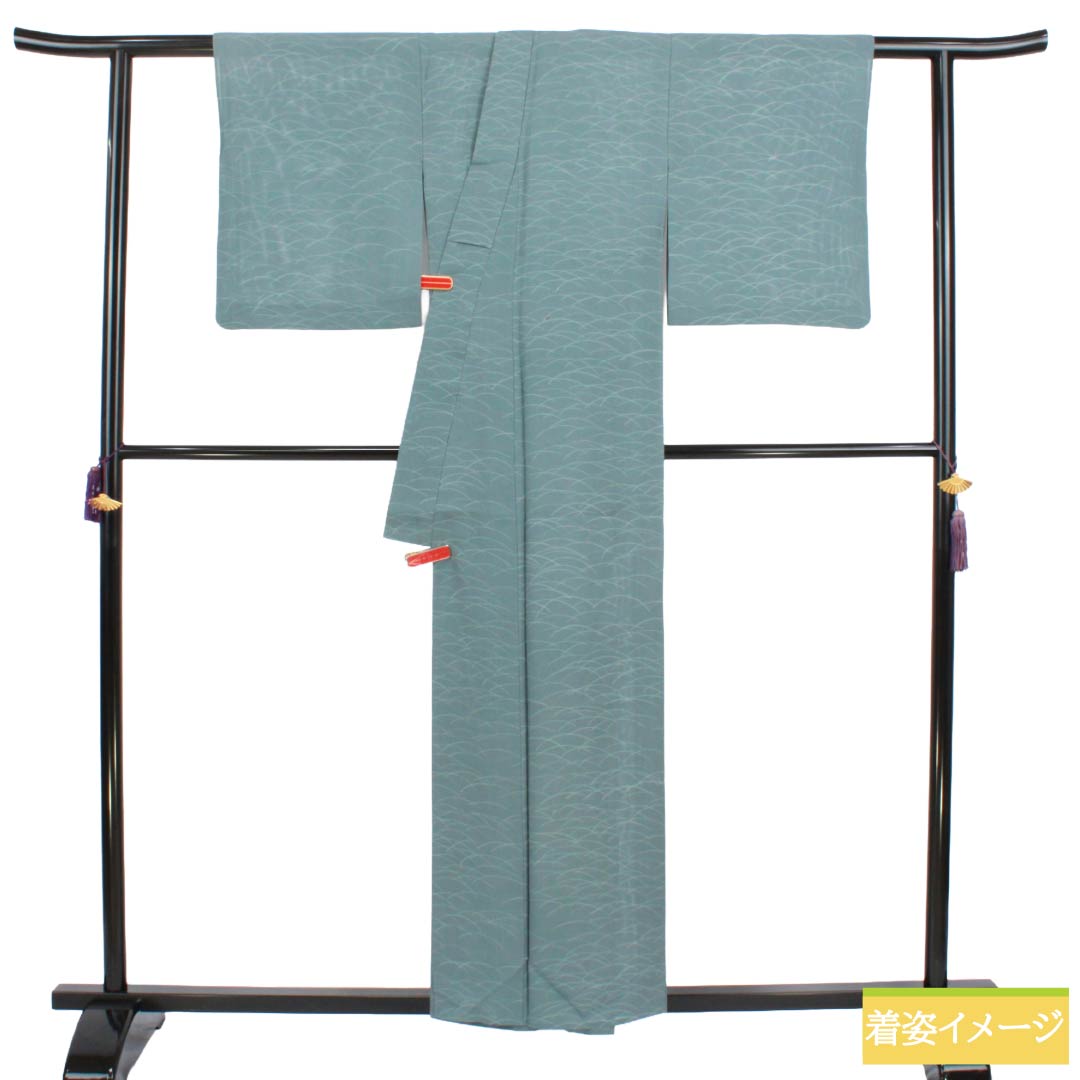 夏物 正絹 小紋 Aランク 身丈157cm 裄丈62cm 浅葱鼠色（あさぎねずいろ） 露芝 絽 緑系 1132004713319