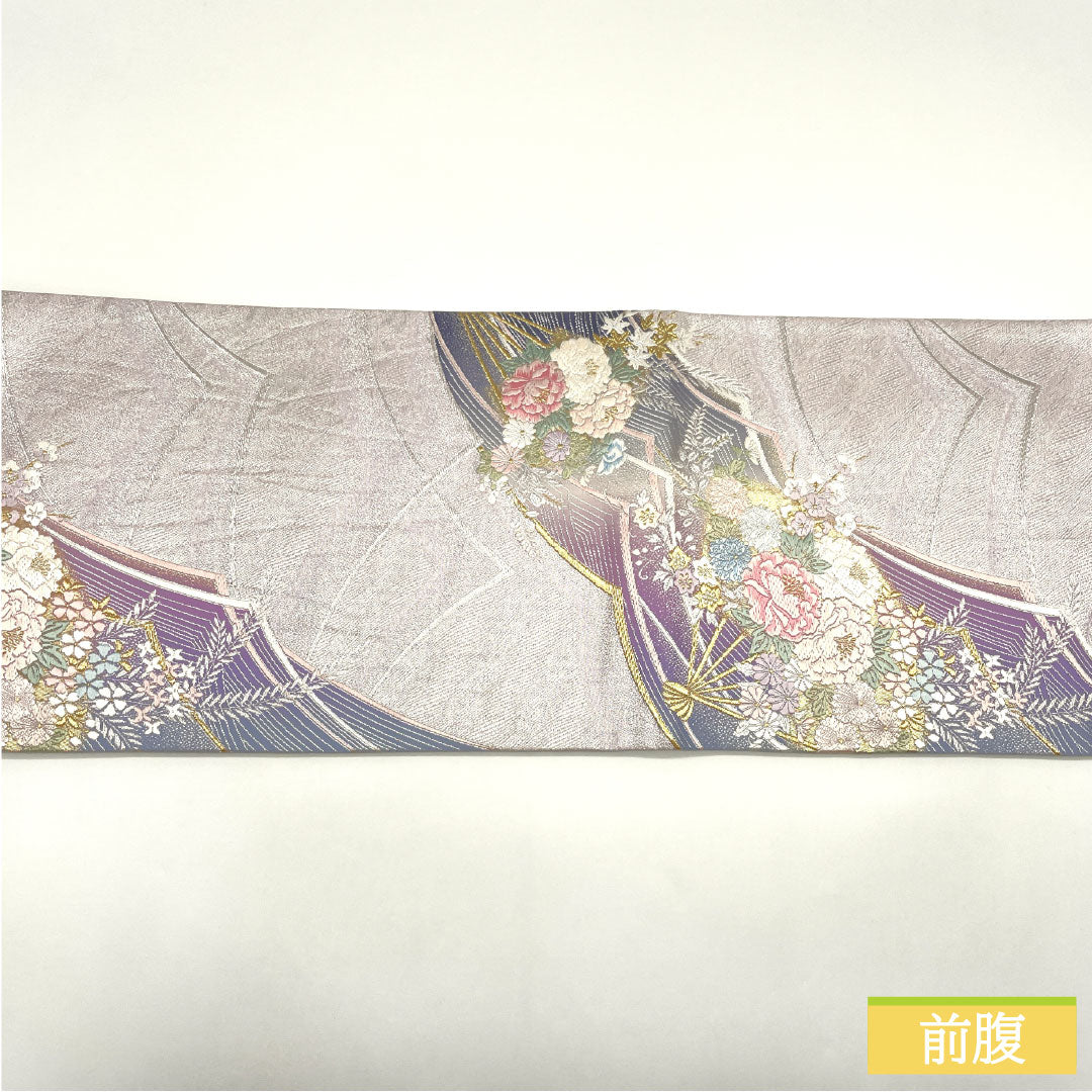 袋帯 正絹 Aランク 花柄 西陣織 帯丈432cm 六通 フォーマル 銀系 1123016643322