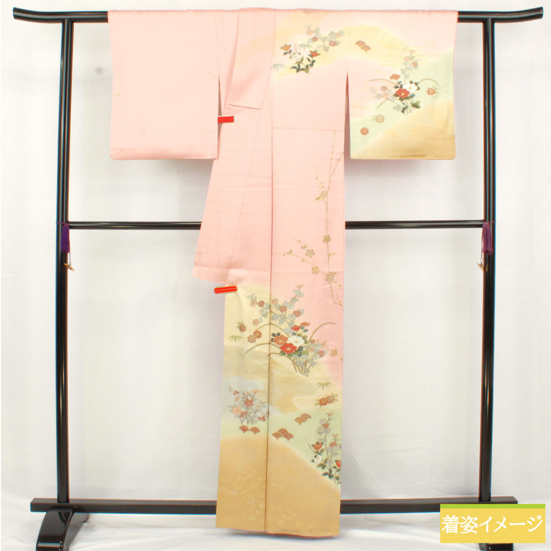 訪問着 正絹 袷 身丈161.5cm 裄丈65.5cm 薄紅梅色（うすこうばいいろ） 京友禅 吉祥文様 Bランク ピンク系 1112006004413