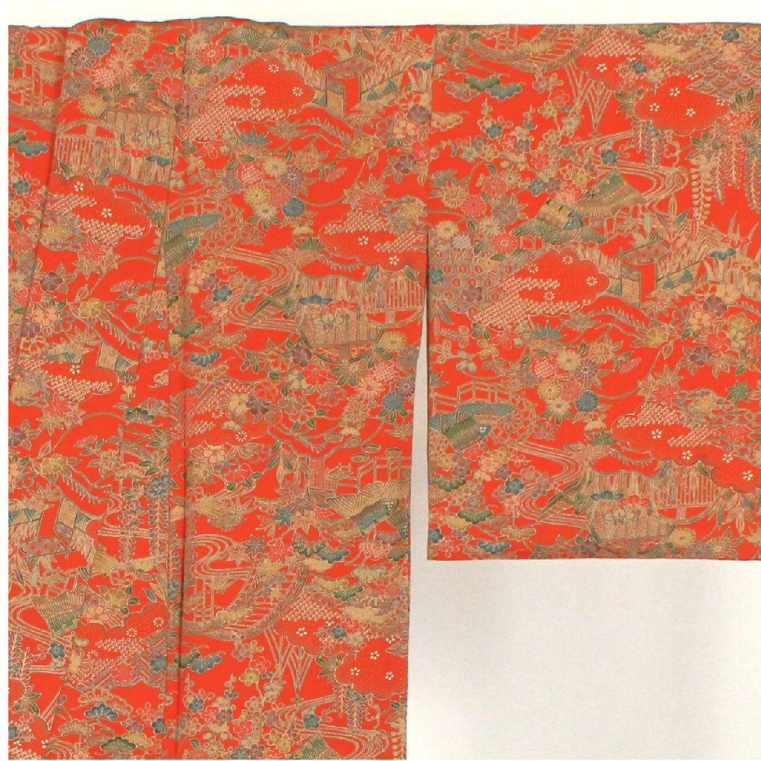 小紋 身丈163.5cm 裄丈67cm 袷  茶屋辻模様  正絹 Sランク 朱系 1115001642416