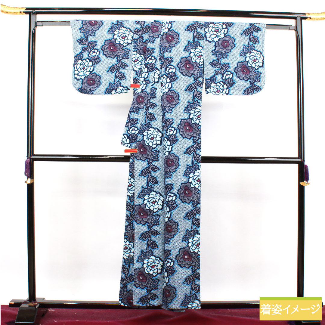 浴衣 木綿 身丈156cm 裄丈65.5cm Sランク 単衣 紺系 濃紺色（のうこんいろ） リップル 牡丹 1118004642318