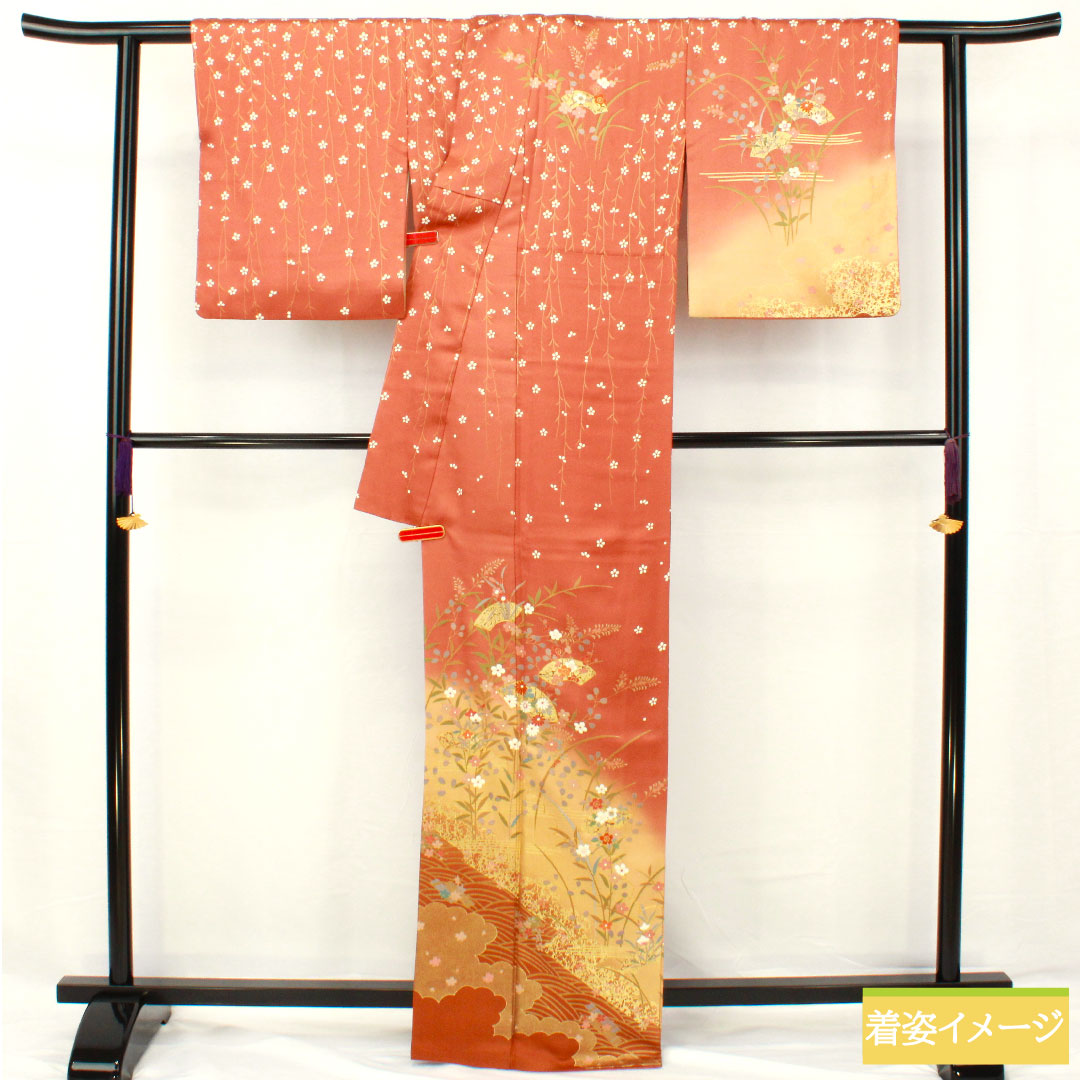 Homongi, pure silk, lined, length 165.5cm, sleeve length 64cm, faded scarlet, Kyoto Yuzen, floral pattern, fan surface, S rank, brown, 1112005512514