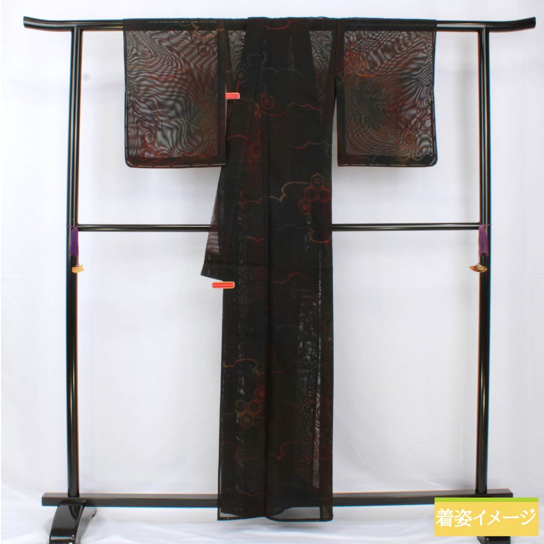 Summer pure silk komon length 163cm sleeve length 65cm tortoiseshell pattern cloud pattern gauze S rank black 1132002002410