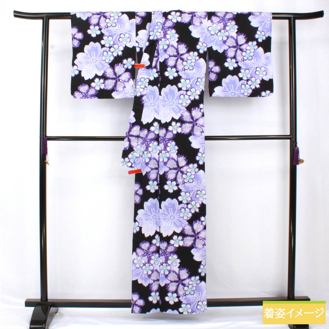 浴衣 木綿 身丈159cm 裄丈66cm Sランク 単衣 黒系 秋桜 1118005232310