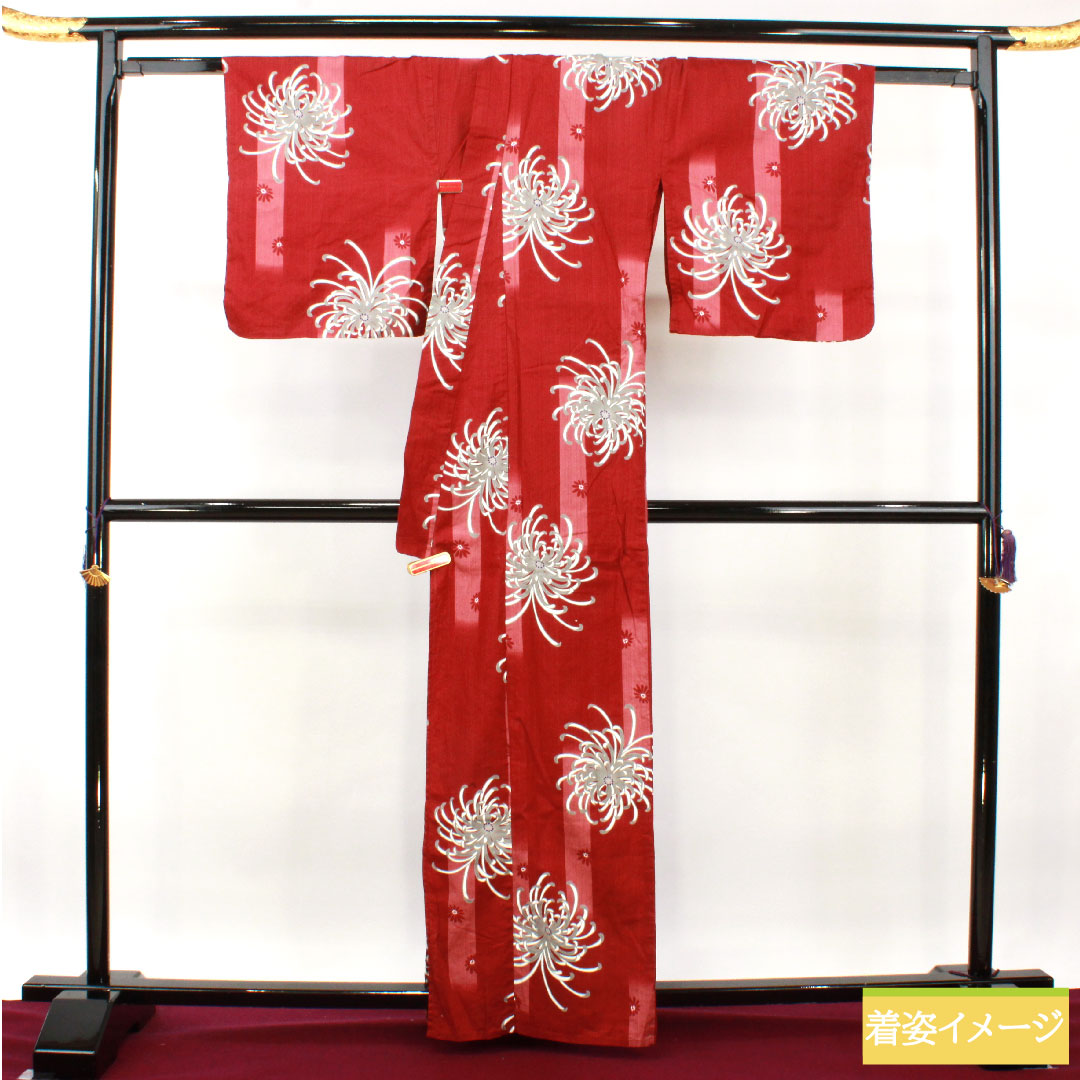 Yukata Cotton Length 163.5cm Sleeve length 69.5cm S rank Single layer Red Crimson Chrysanthemum 1118005132412