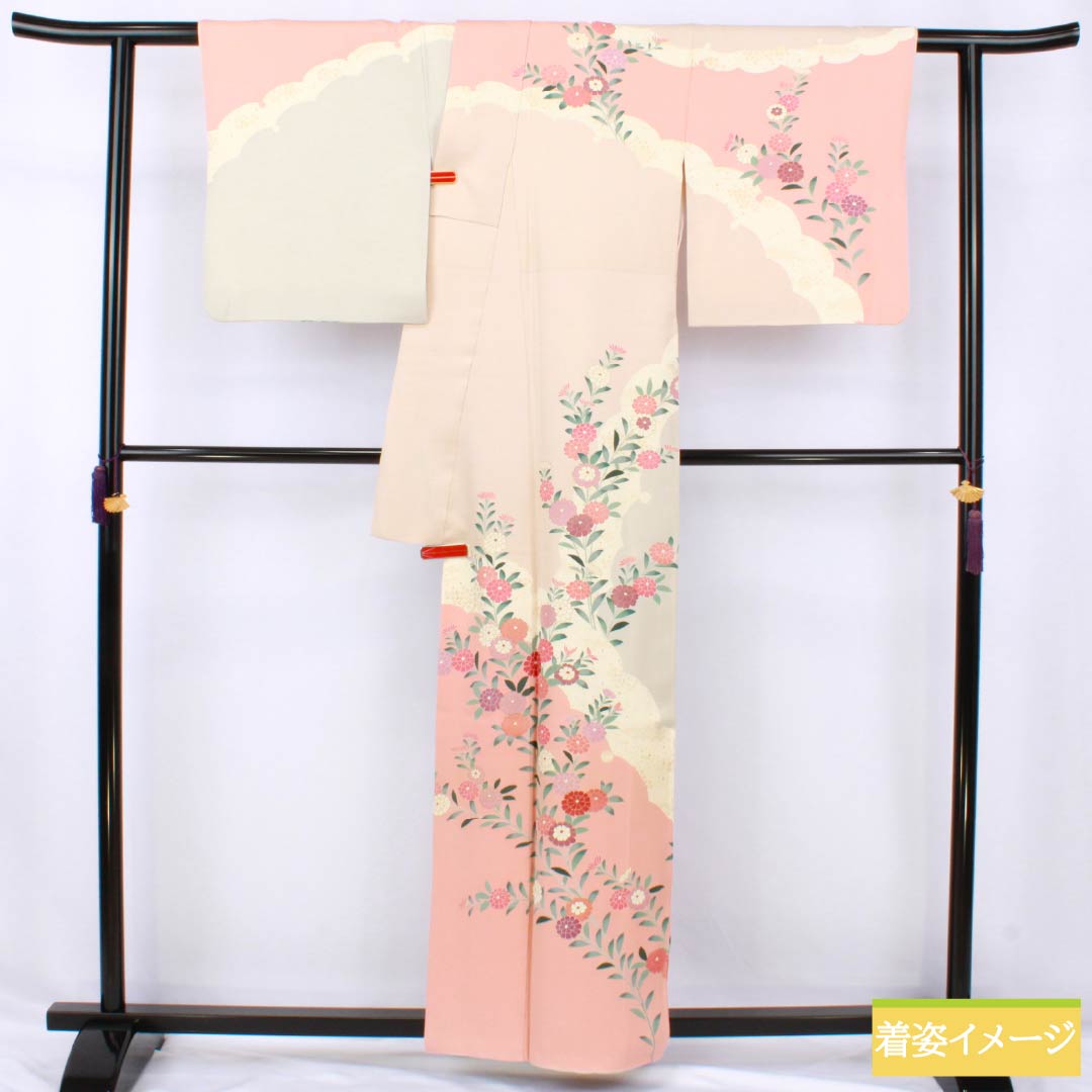 訪問着 正絹 Aランク 袷 身丈159.5cm 裄丈66cm 東雲色（しののめいろ） 京友禅 菊 紗綾形 ピンク系 1112007353313