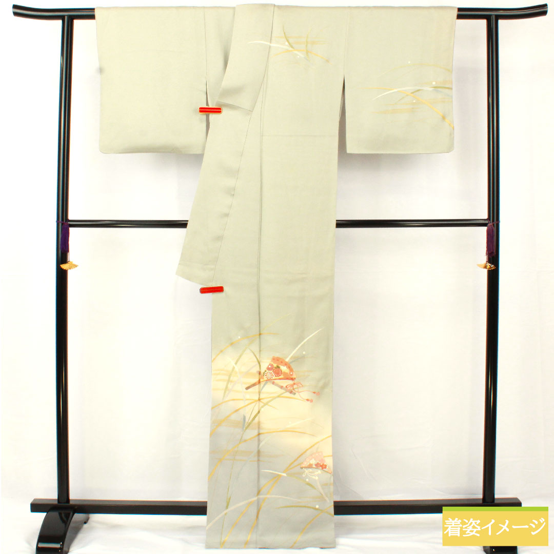 Homongi, pure silk, lined, length 167cm, sleeve length 62.5cm, white-green, Kyo-Yuzen, fan, dew grass, B rank, green, 1112004934519