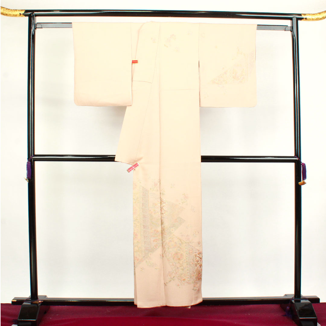 訪問着 袷 身丈154cm 裄丈62.5cm 惚色 蘇州刺繡 汕頭刺繡 木瓜 正絹 Sランク ピンク系 1112002692213