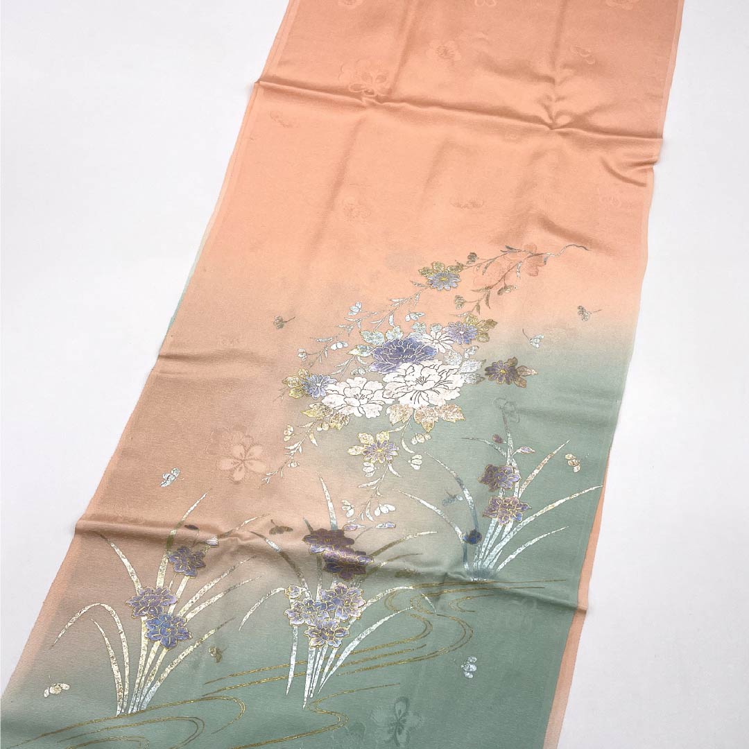 帯締め・帯揚げセット 正絹 Aランク 東雲色（しののめいろ） 薄浅葱色（うすあさぎいろ） 金彩加工 草花模様 長さ約160cm 幅約1cm フォーマル ピンク系 1141000163313