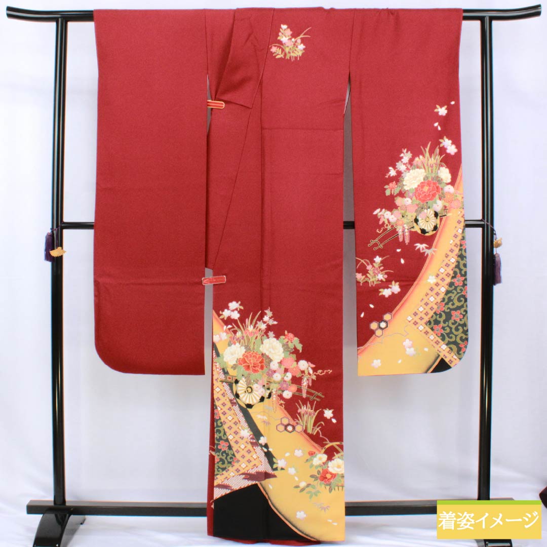 リサイクル着物】振袖 正絹 Sランク 身丈163cm 裄丈67.5cm 袷 真紅色