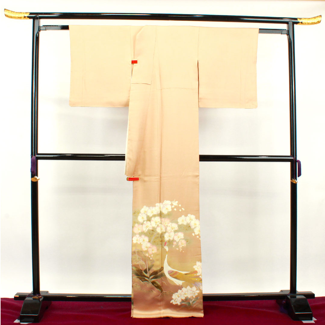 Colored Tomesode, Length 164.5cm, Sleeve Length 69cm, Lined, Walnut, Kyo-Yuzen, Peacock, Orchid, Three-Floor Diamond, Pure Silk, S Rank, One Crest, Beige, 1111001172425