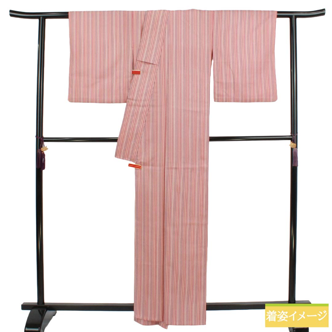 小紋 ポリエステル Sランク 身丈163.5cm 裄丈64.5cm 単衣 蘇芳色（すおういろ） 洗える着物 縞 紫系 1115008132420