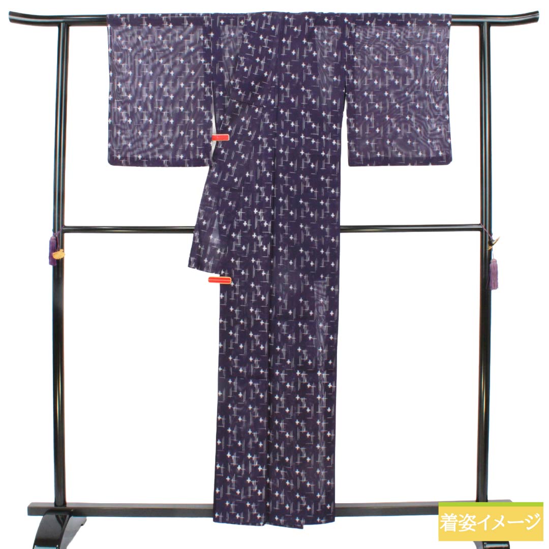 夏物 ポリエステル 小紋 Sランク 身丈158.5cm 裄丈62.5cm 緋紺色（ひこんいろ） 洗える着物 絣模様 絽 紫系 1132007182320
