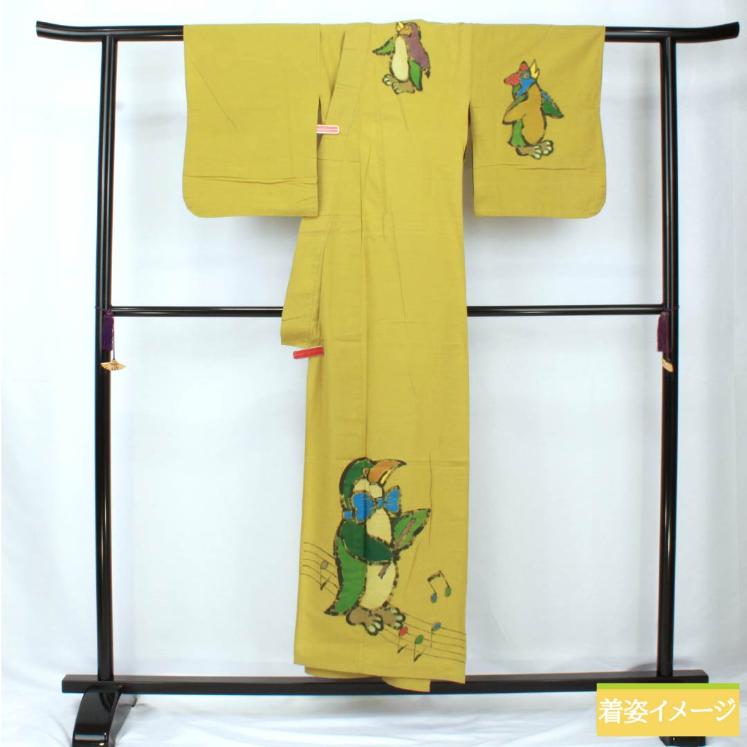 浴衣 木綿 身丈153cm 裄丈62.5cm Aランク 単衣 黄系 浅黄色（あさききいろ） ペンギン 1118005783223