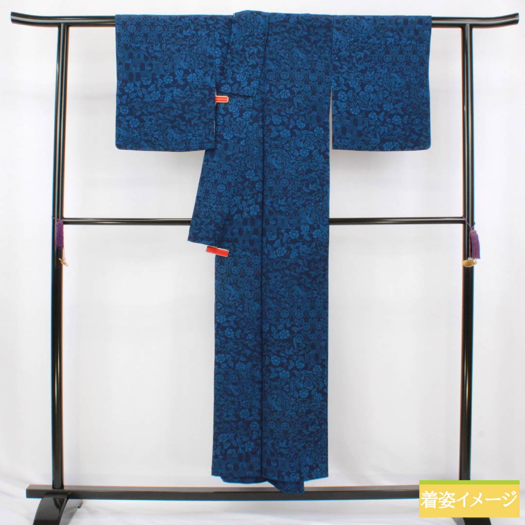 Komon silk S rank kimono, length 150cm, sleeve length 62cm, lined, navy blue (kon-iro) indigo dye, auspicious motif, navy blue, product number 1115007432118