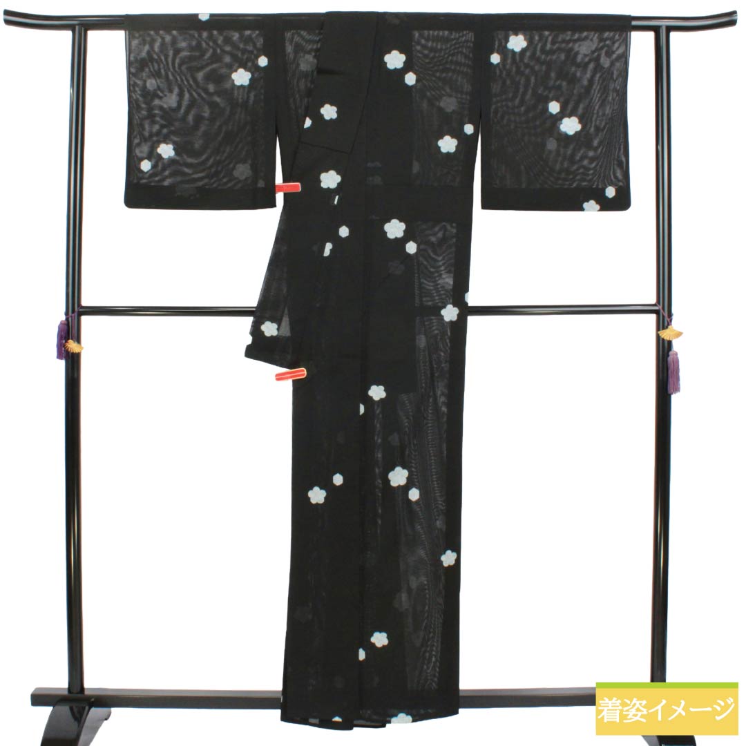 夏物 ポリエステル 小紋 Bランク 身丈159cm 裄丈67cm 花柄 絽 黒系 1132004604310