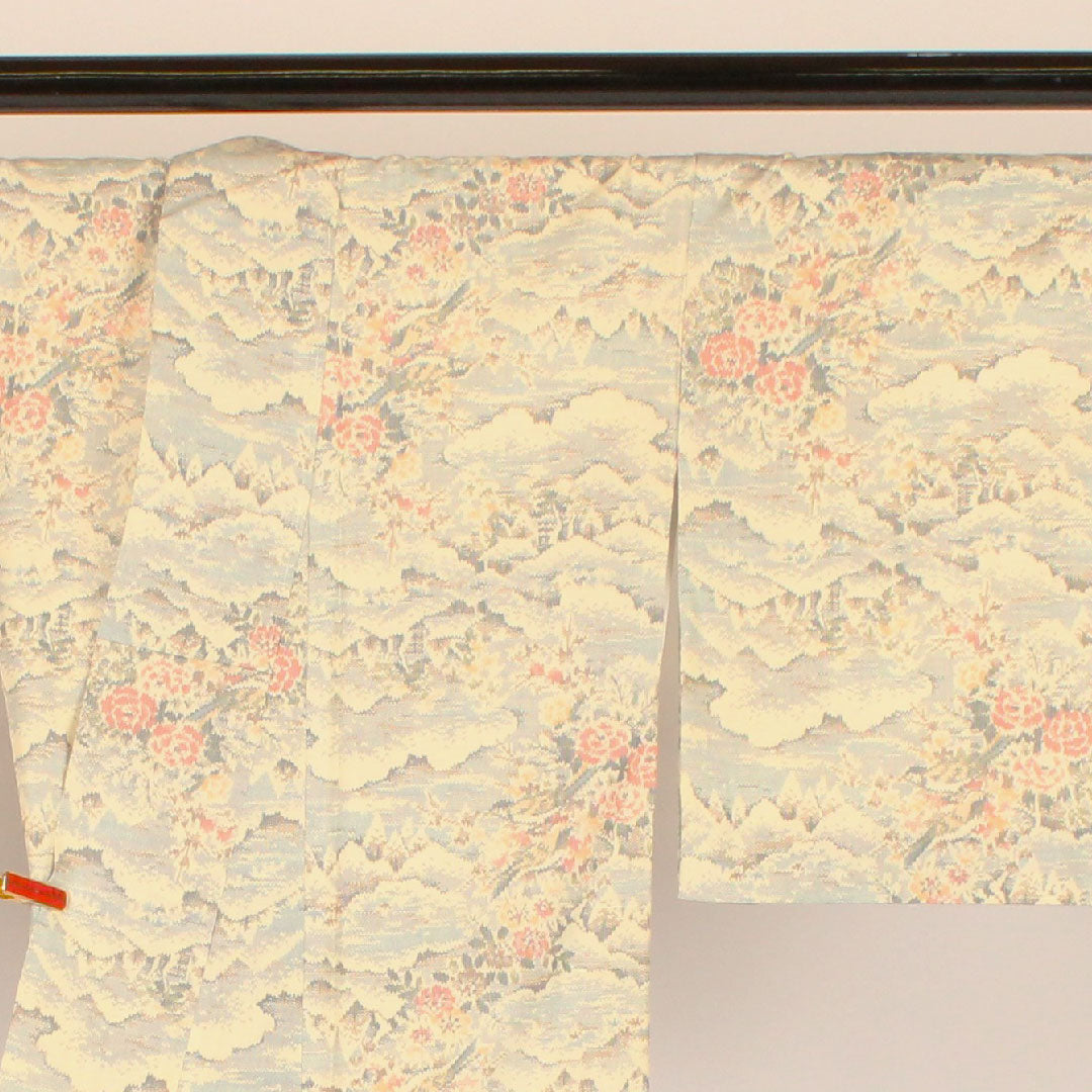 紬 身丈160cm 裄丈63cm あかね大島 風景画 正絹 Aランク 袷 クリーム系 1116000393315