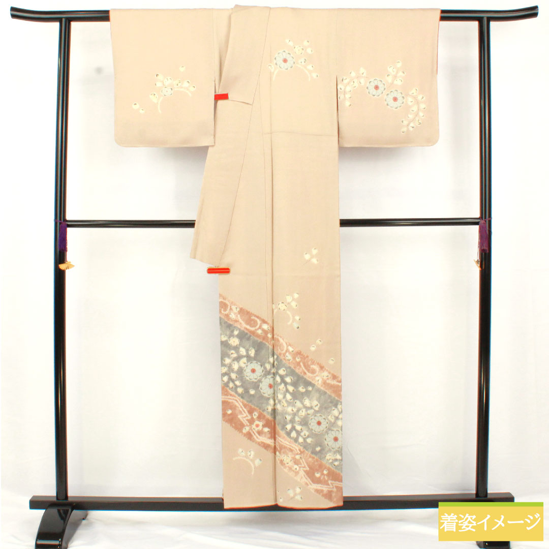 訪問着 正絹 袷 身丈152cm 裄丈61.5cm 薄香色（うすこういろ） 辻ヶ花 しつけ糸付き Sランク ベージュ系 1112006012225