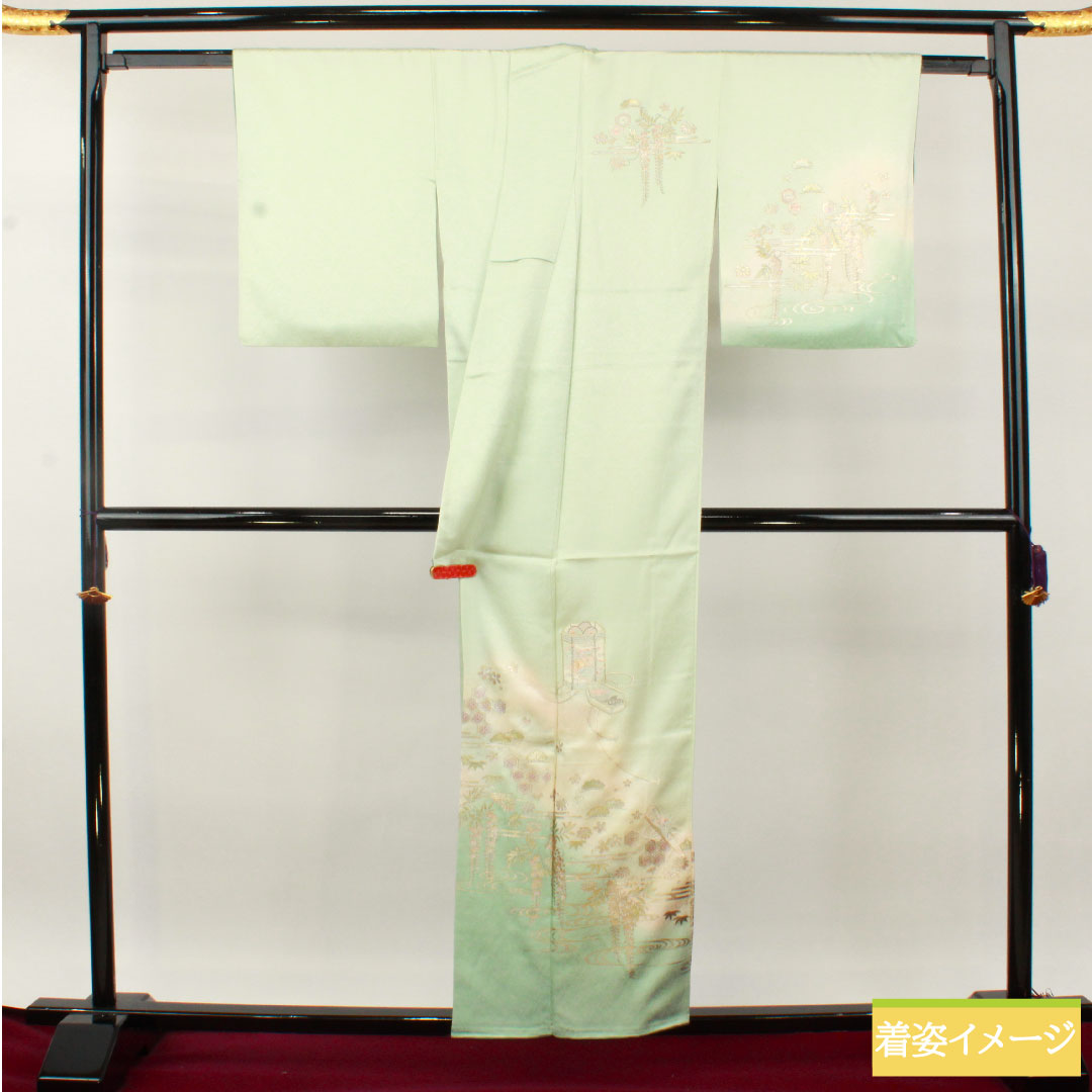 Homongi, pure silk, lined, length 155.5cm, sleeve length 63.5cm, white-green, gold-colored yuzen, pine, wisteria, shell bucket, S rank, green, 1112004902319