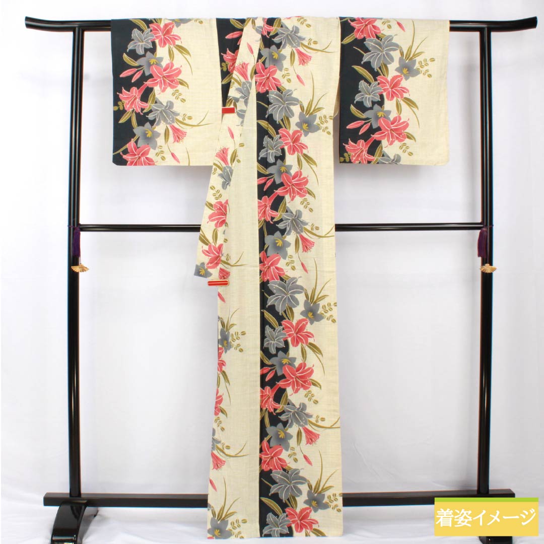 Yukata Cotton Linen Length 166.5cm Sleeve length 69.5cm A rank Single layer Beige Geouiro (Fang yellow) Lily Bellflower 1118005443525