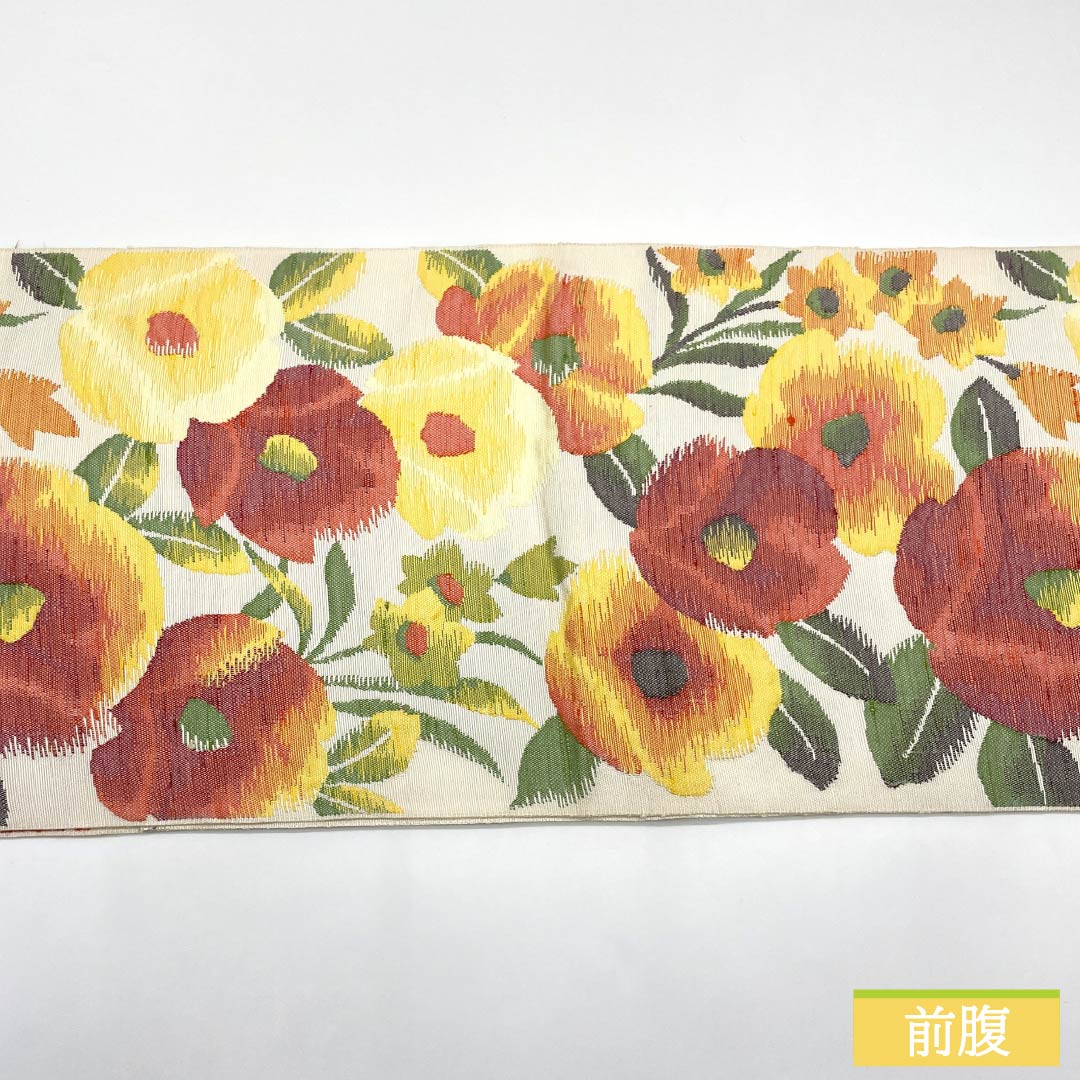 名古屋帯 正絹 Sランク 草花模様 帯丈350cm 六通 カジュアル 白系 1124010702311 開き仕立て