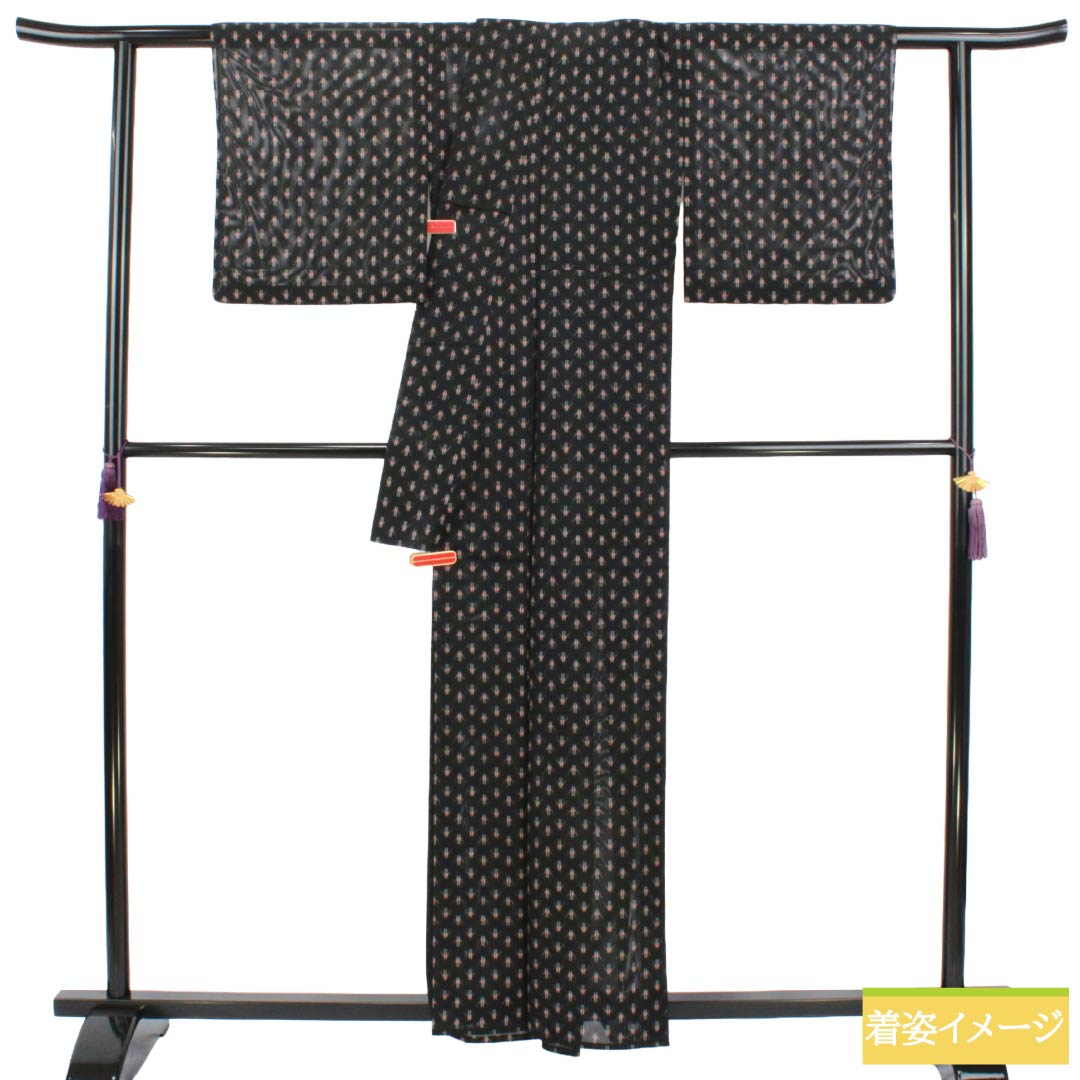 夏物 ポリエステル 小紋 Aランク 身丈159.5cm 裄丈65cm 抽象模様 洗える着物 絽 黒系 1132005113310