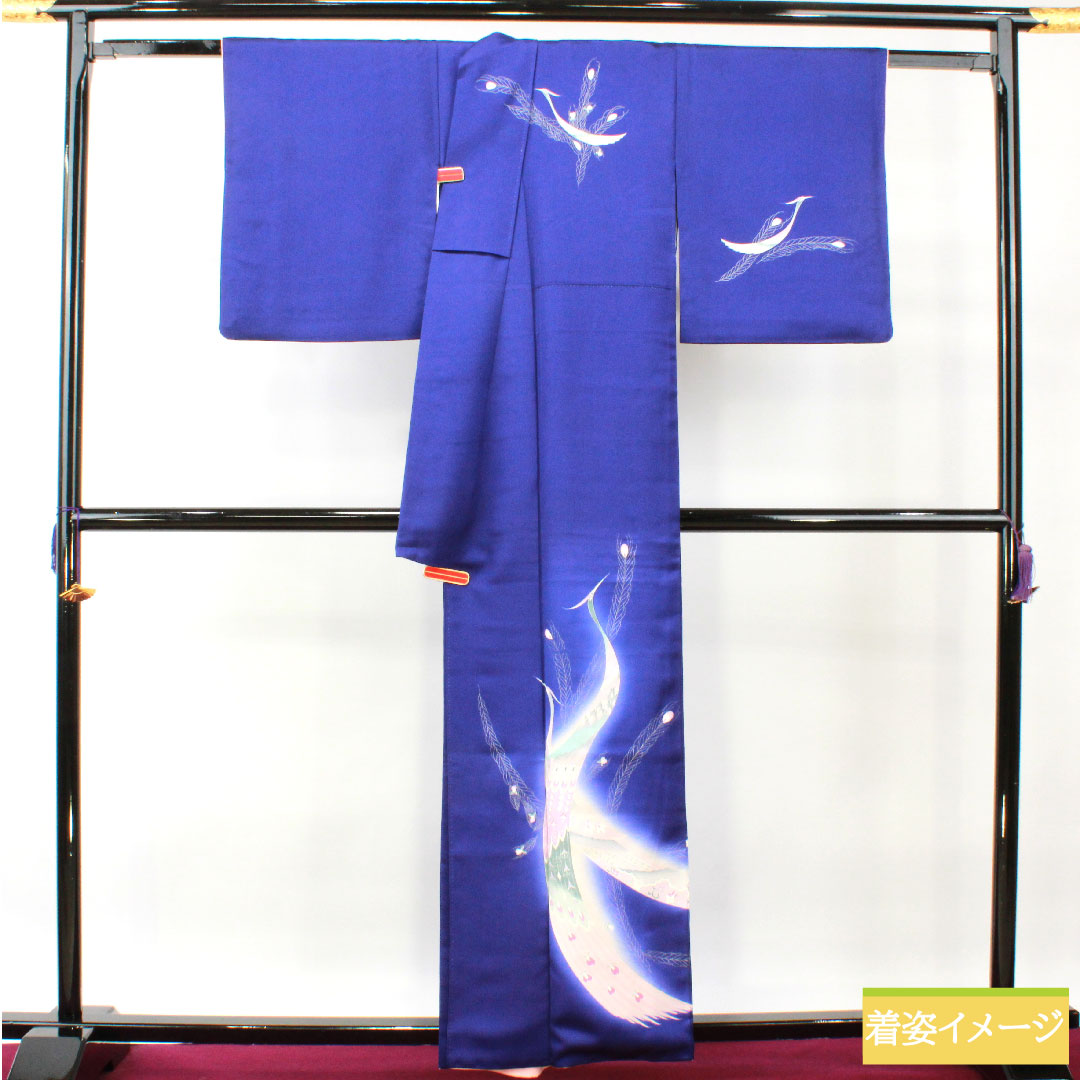 Homongi, pure silk, lined, length 161cm, sleeve length 65.5cm, bellflower color, Kyoto Yuzen, peacock, A rank, navy blue, 1112004353418