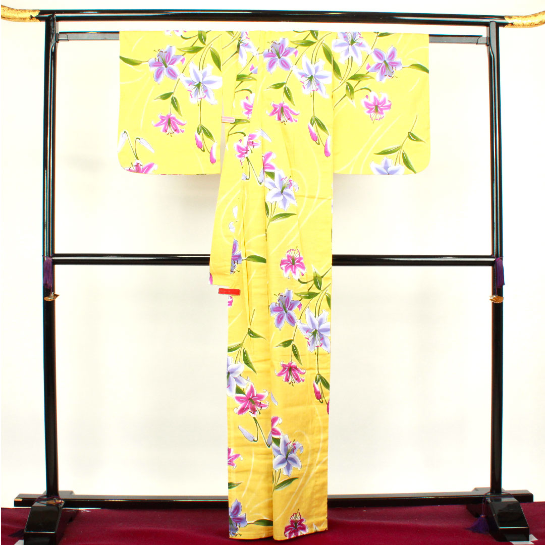 浴衣 支子色 百合 木綿 Sランク 単衣 身丈166cm 裄丈66cm 黄系 1118003232523