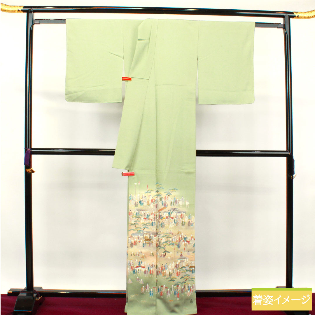 Colored Tomesode, pure silk, length 165cm, sleeve length 64.5cm, lined, ura-hairo (back leaf color), Kyo-Yuzen, Daimyo procession, plum blossom, one crest, with basting thread, unused, S rank, one crest, green, 1111001202519