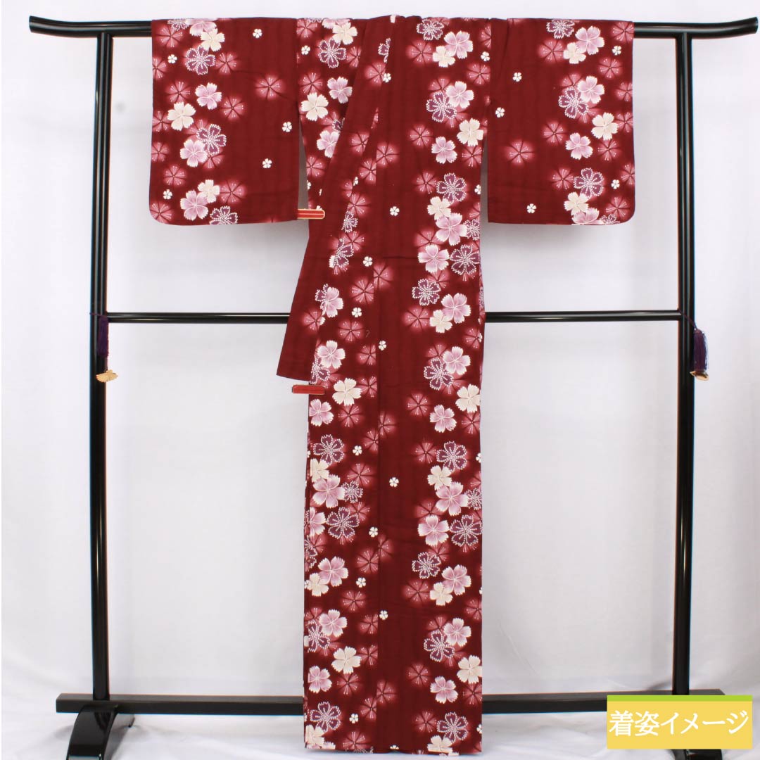 浴衣 木綿 身丈164cm 裄丈65cm Sランク 単衣 赤系 深緋色（ふかきあけいろ） 撫子 1118006412412