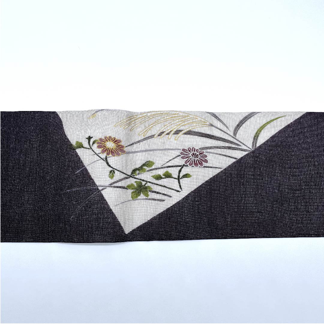 名古屋帯 藤煤竹色 夏帯 紗 とんぼ すすき 染帯  帯丈374.5cm 正絹 Sランク ポイント柄 セミフォーマル グレー系 1124004162322  名古屋仕立て