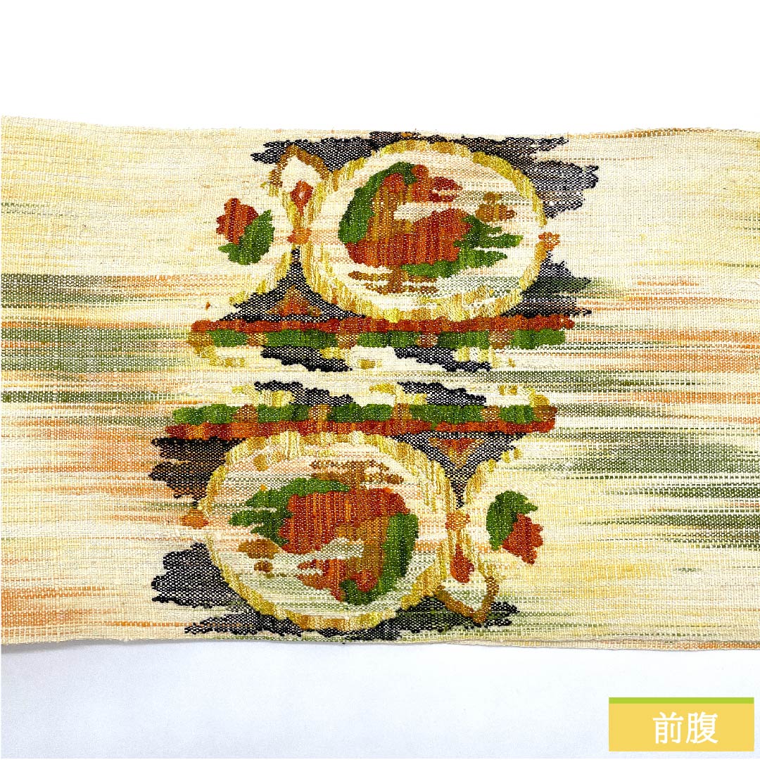 名古屋帯 生成り色 ギリシャ模様 紬地 帯丈353.5cm 正絹 Sランク ポイント柄 カジュアル クリーム系 1124005992315  松葉仕立て