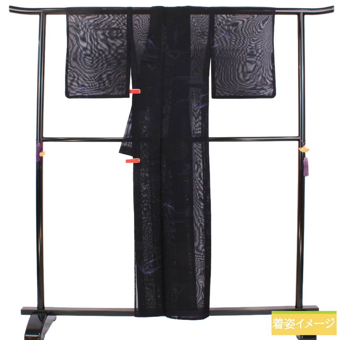 夏物 正絹 お召 Sランク 身丈157.5cm 裄丈65cm 褐色（かちいろ） 竹 霞模様 紗 紫系 1132004772320