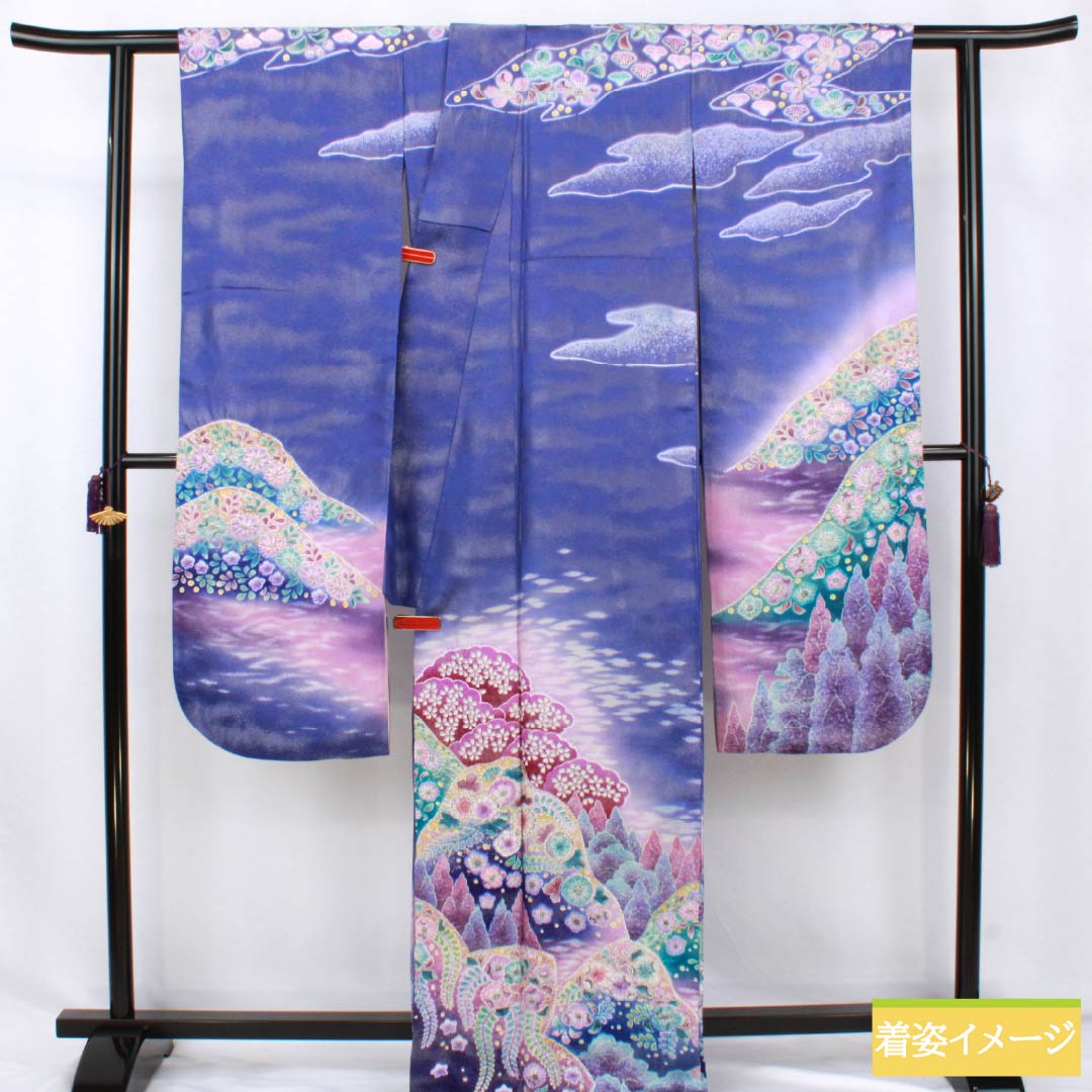 振袖 正絹 Sランク 身丈172.5cm 裄丈68cm 袷 青紫色（あおむらさきいろ） 銀通し 辻が花 遠山 ソフトガード加工 紫系 1113002552620