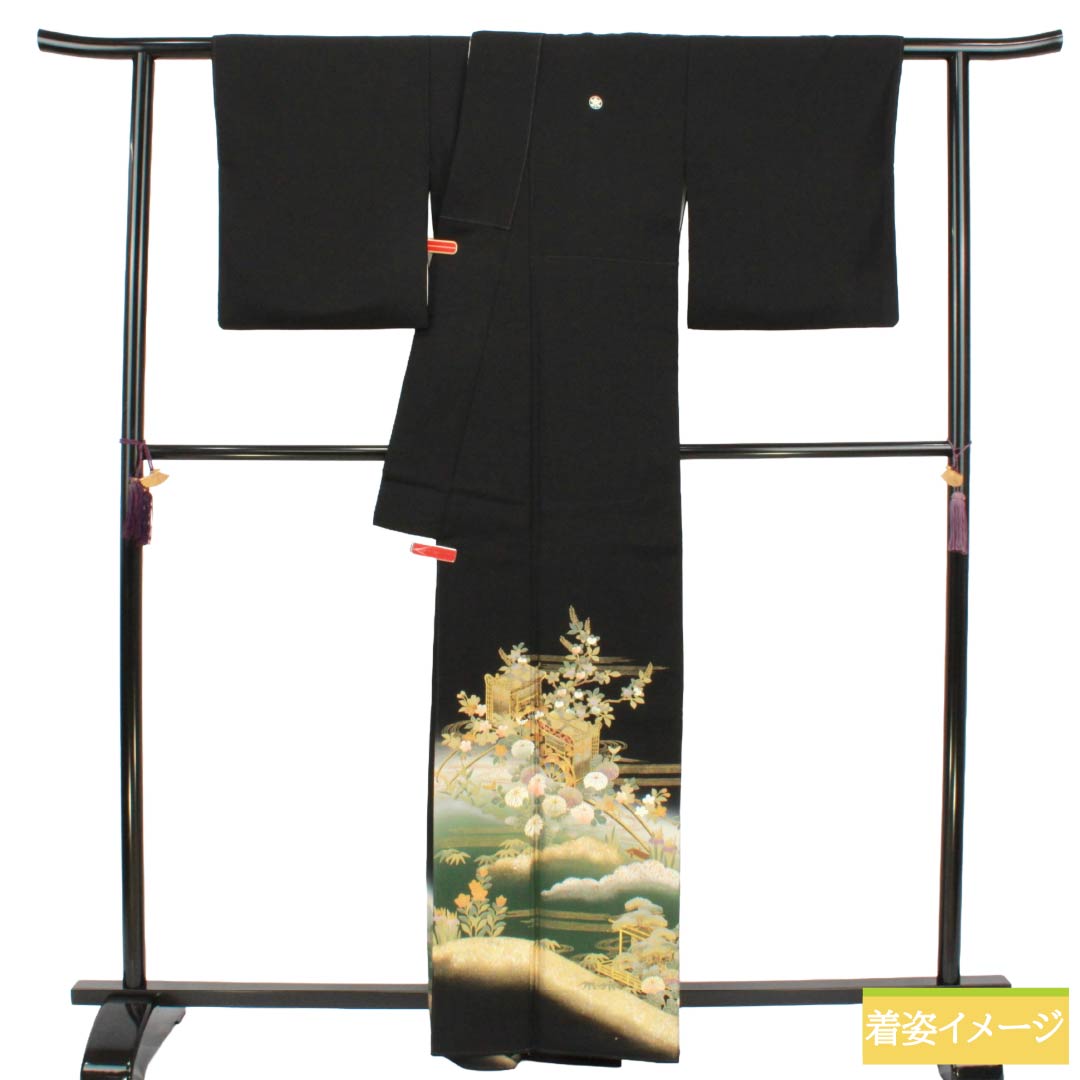 黒留袖 正絹 Aランク 身丈163.5cm 裄丈66.5cm 袷 京友禅 御所車 吉祥文様 五つ紋 丸に橘 比翼付き 五つ紋 黒系 1111002373410