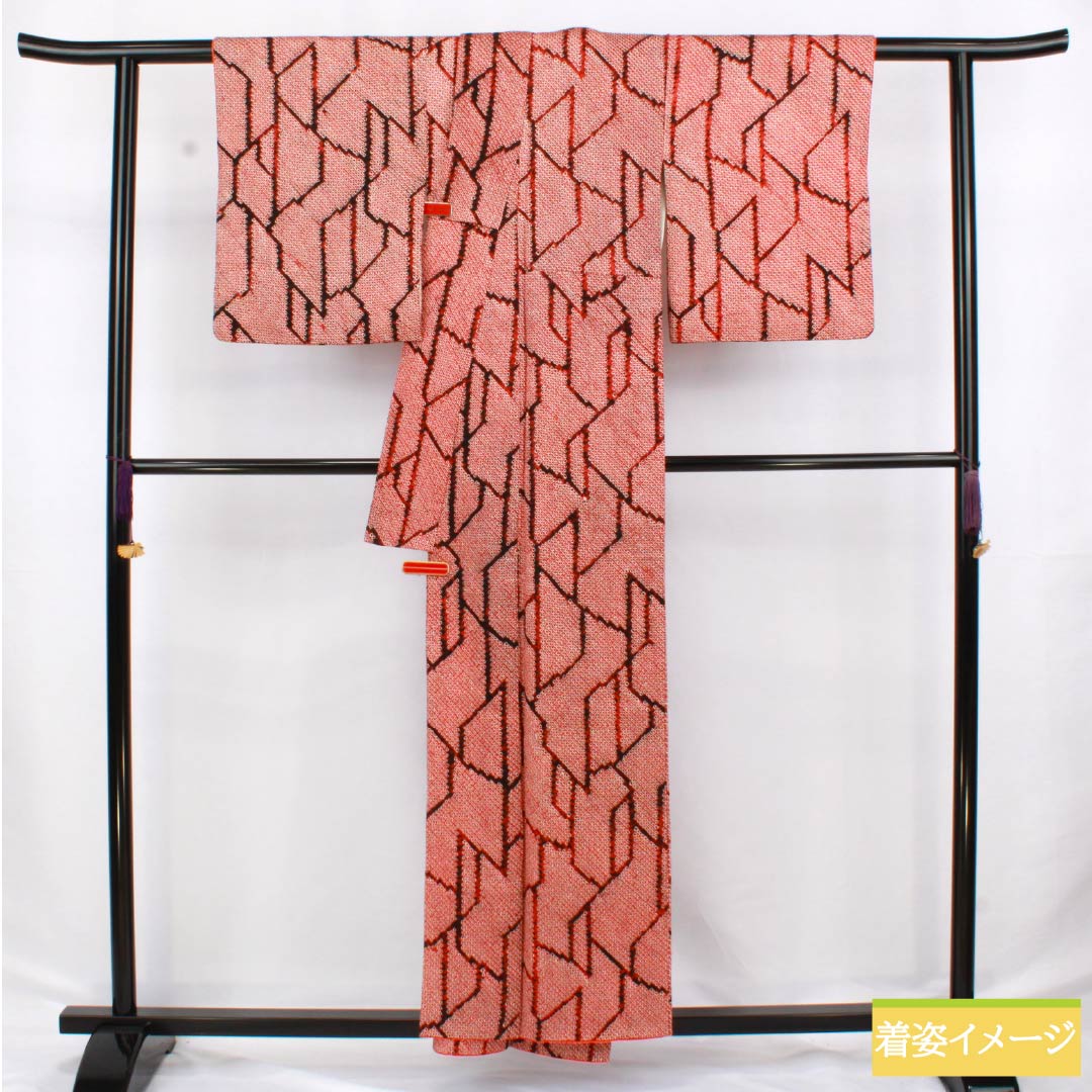 小紋 正絹 Aランク 身丈156cm 裄丈63cm 袷 赤色（あかいろ） 絞り 幾何学模様 赤系 1115006483312
